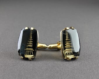 Vintage Swank Japanese Golden Pagoda Reverse Cut Crystal Intaglio Shiny Gold Tone Rectangular Cufflinks
