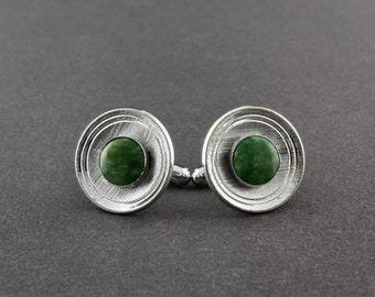 Vintage Theda Sterling Silver And Genuine Green Jade Stone Round Cufflinks