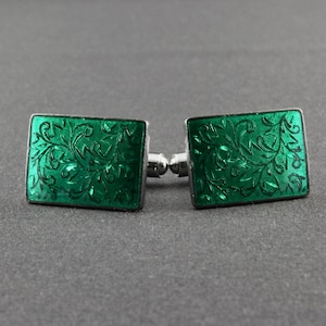 Vintage Sterling Silver And Green Guilloche Enamel Rectangular Cufflinks
