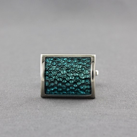Blue Green Guilloche Enamel Shiny Silver Tone Cur… - image 8