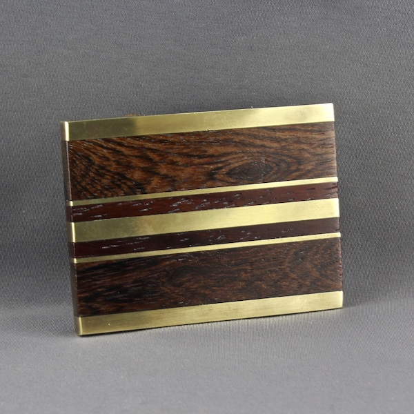 Vintage Inlayed Dark Brown Wood And Shiny Brass Line Design One Piece Belt Buckle
