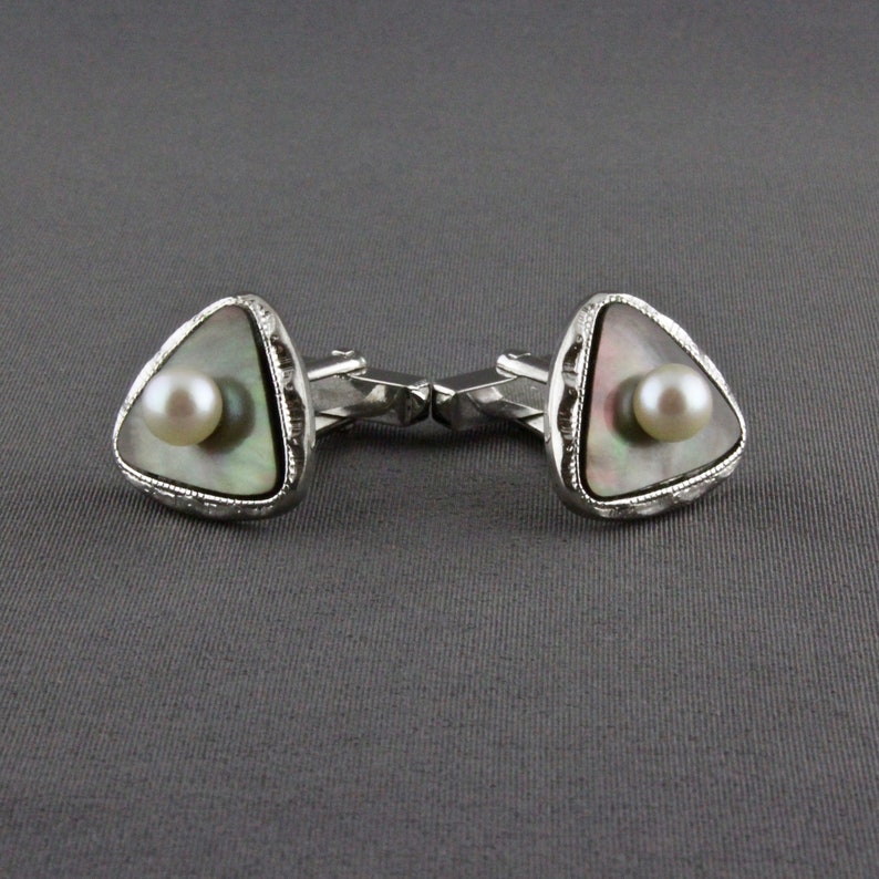 Vintage Silver Dark Mother Of Pearl And Cultured Pearl Cufflinks
