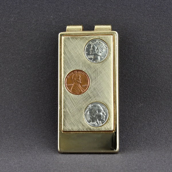 Vintage Anson Miniature Facsimile 1914 Mercury Dime 1938 Indian Head Nickel And 1964 Lincoln Penny Slide Tension Spring Style Money Clip