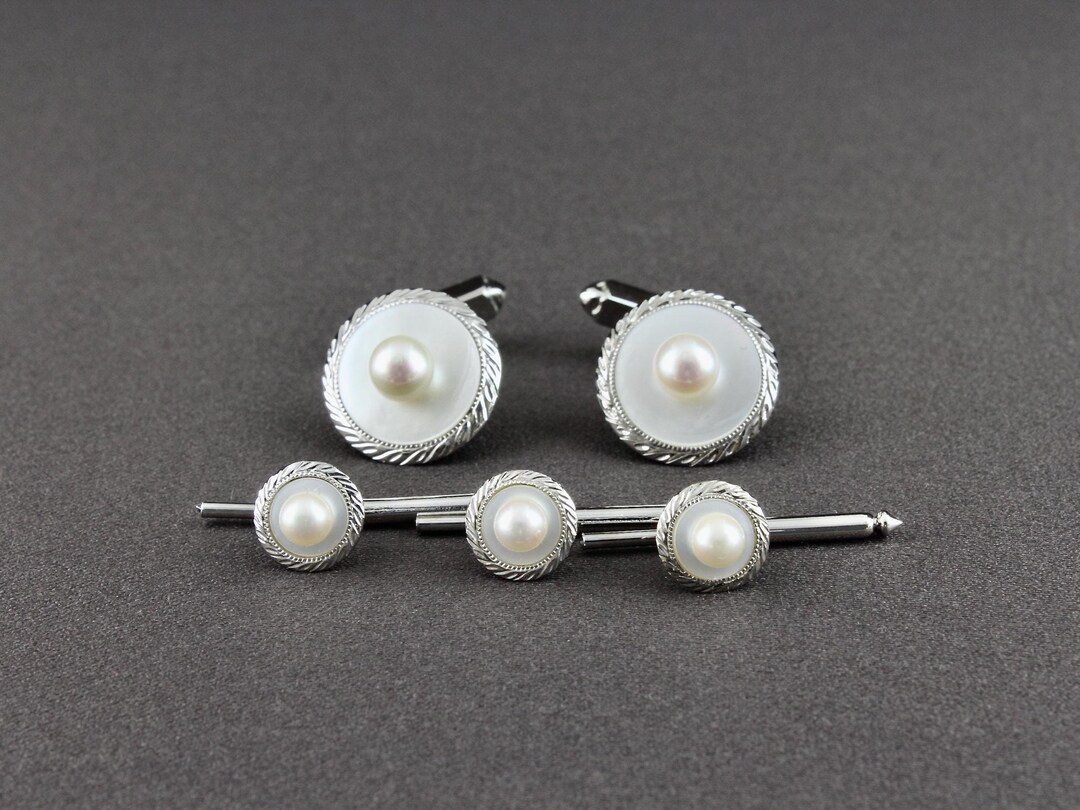 Boutons De Manchette Vintage En Argent Avec Perle Cultivée – État Bon – Style élégant