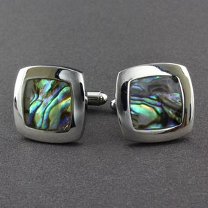 Vintage Green Purple Pink Blue And Brown Paua Abalone Shell Shiny Silver Tone Square Cufflinks