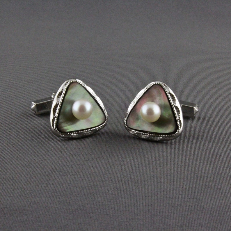 Vintage Silver Dark Mother Of Pearl And Cultured Pearl Cufflinks