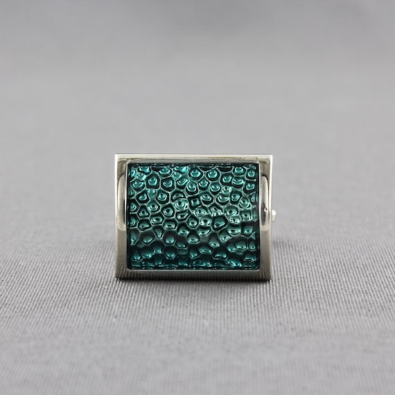 Blue Green Guilloche Enamel Shiny Silver Tone Cur… - image 6