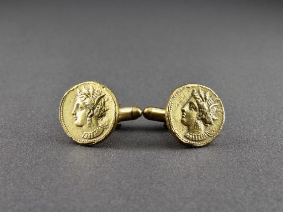 Vintage Alva Museum Replicas Carthage Gold Stater Coin Godess Tanit Cufflinks