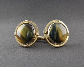 Vintage Destino Large Round Brown And Dark Blue Green Tiger Eye Shiny Gold Tone Cufflinks