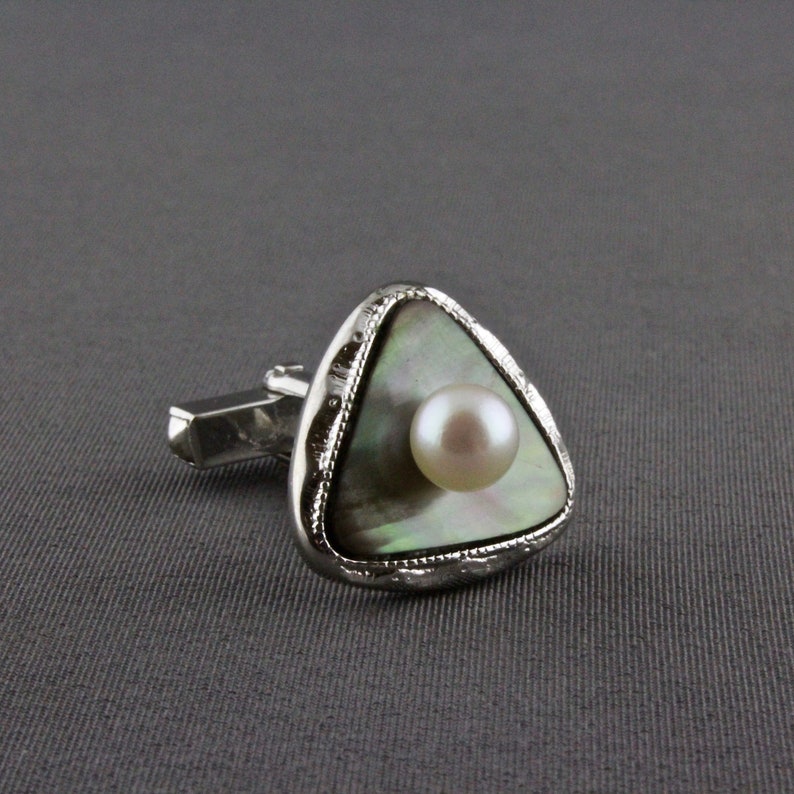 Vintage Silver Dark Mother Of Pearl And Cultured Pearl Cufflinks