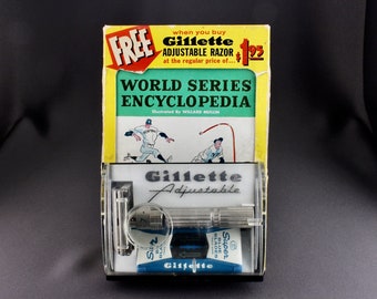 Vintage 1960s Gillette Fatboy Adjustable Safety Razor Cavalcade Of Sports World Series Encyclopedia Blades & Dispenser In Original Package