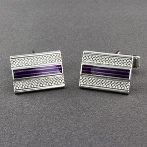 Vintage Nautica Shiny Silver Tone And Purple Enamel Rectangular Cufflinks