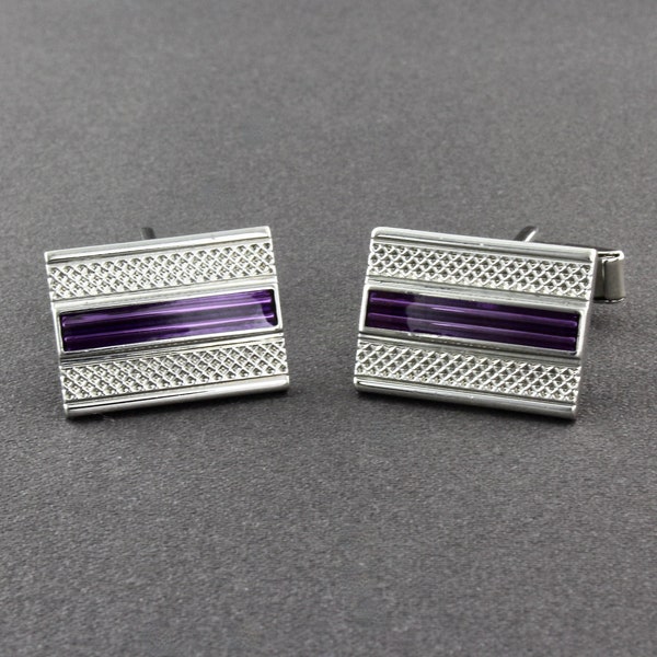 Vintage Nautica Shiny Silver Tone And Purple Enamel Rectangular Cufflinks