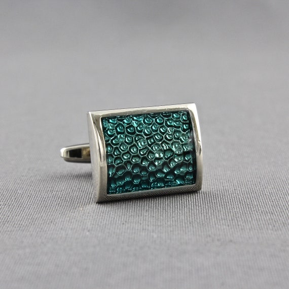 Blue Green Guilloche Enamel Shiny Silver Tone Cur… - image 5