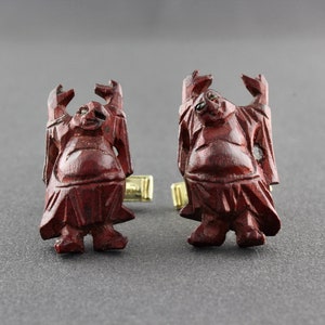 Vintage Hand Carved Red Wood Laughing Buddha Standing With Hands Up Cufflinks