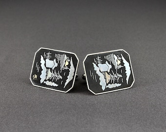 Vintage Japanese Damascene Pagoda And Mountain Shiny Silver Tone Large Rectangular Cufflinks