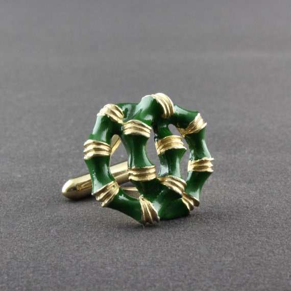 Vintage Swank Green Enamel Two Interlocked Rings … - image 5