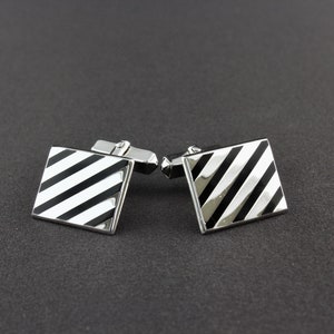 Vintage Swank Sterling Silver And Black Enamel Diagonal Striped Rectangular Cufflinks