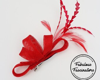 Red Zig Zag Fascinator Hairclip or Hairband. Small Red Fascinator with Feathers. Red Fascinator Hairclip