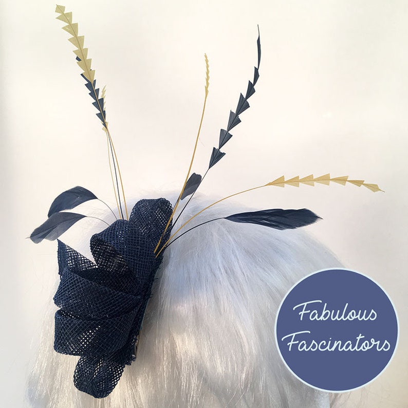 Navy and Yellow Fascinator Other Colour Combos Available Small Navy Fascinator Hairclip with Zig Zag Feathers