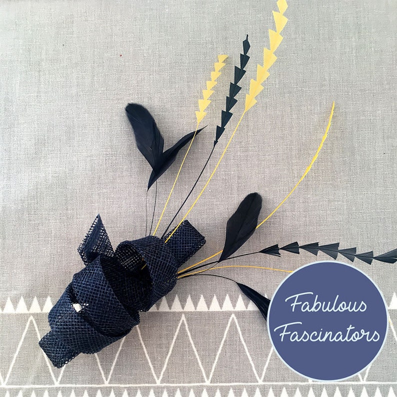Navy and Yellow Fascinator Other Colour Combos Available Small Navy Fascinator Hairclip with Zig Zag Feathers