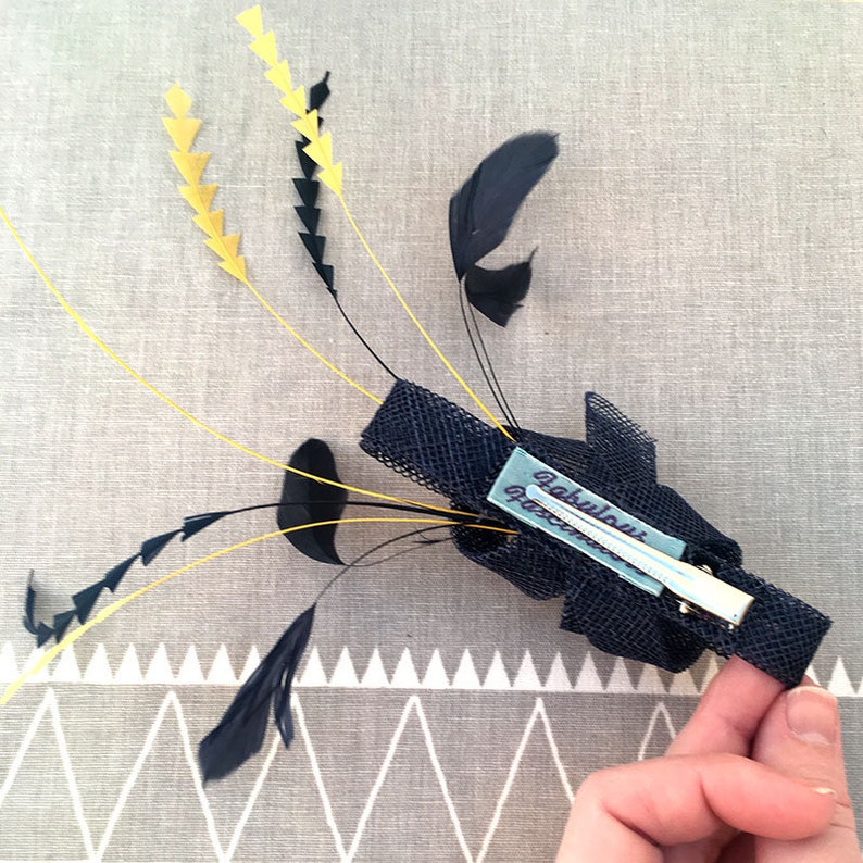 Navy and Yellow Fascinator Other Colour Combos Available Small Navy Fascinator Hairclip with Zig Zag Feathers
