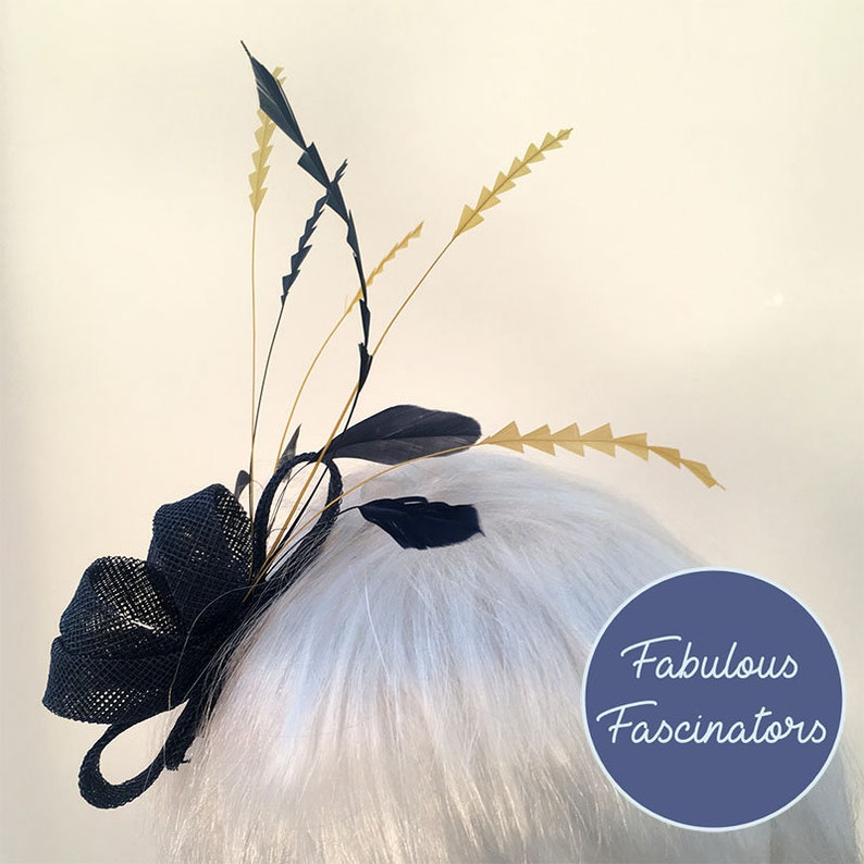 Navy and Yellow Fascinator Other Colour Combos Available Small Navy Fascinator Hairclip with Zig Zag Feathers