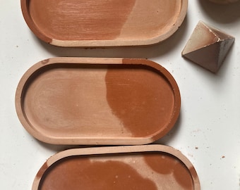 Cement tray terracotta message for specific items 3 sizes regular, medium and large. Medium is 9” x 41/4” large is 12 x 5”