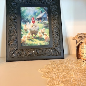 Chicken decor 5x7chicken photo in 8x10 hand made frame to resemble leather tool
