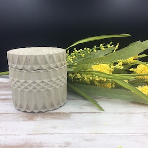 Cement jar with medallion lid beige color. Custom colors welcome