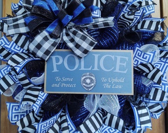 Police Wreath, Safety Officer Wreath, Deco Mesh Wreath, Front Door Wreath