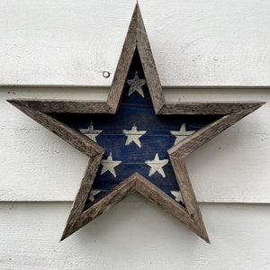 Smaller size heavily weathered Americana rustic star, oak pallet wood, reclaimed pine, blue and white distressed