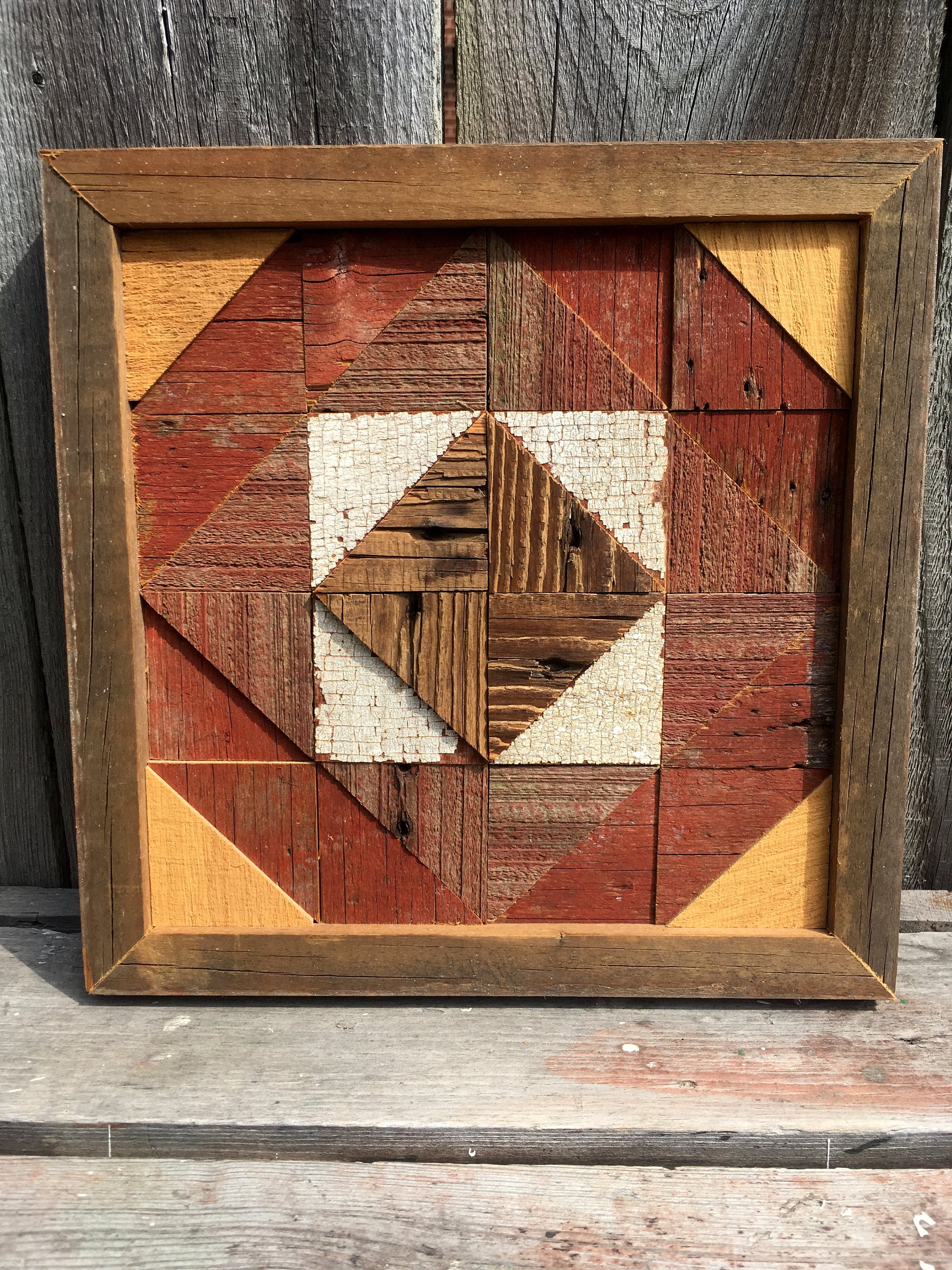 Mosaic quilt block recycled barn wood upcycle wood 