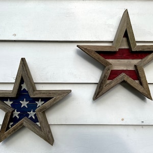 Smaller size PAIR or our Americana rustic oak stars, pallet wood, reclaimed pine, red and white distressed stripes, blue with stars