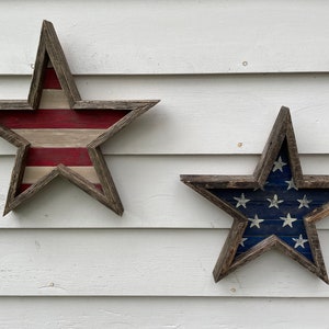Americana heavily weathered rustic star pair, pallet wood, reclaimed pine, red and white distressed stripes, blue with stars