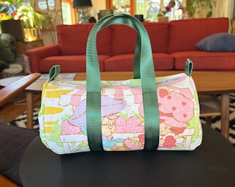 Mini Duffel Bag - Vintage 1980 Strawberry Shortcake Fabric, Grey zipper and Green handles