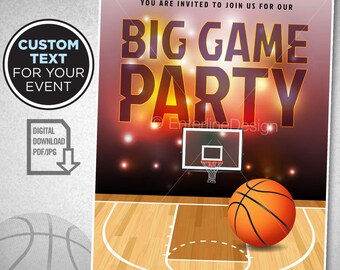May include: A printable invitation for a basketball themed party. The invitation features a basketball court with a basketball hoop and a basketball. The text on the invitation reads "You are invited to join us for our Big Game Party".