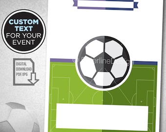 May include: Printable soccer-themed party invitation with a green and white soccer field, a black and white soccer ball, and a white text box for customizing the invitation.