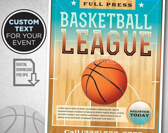May include: A basketball league poster with a blue, white, and orange color scheme. The poster features a basketball on a wood grain background with the text "FULL PRESS BASKETBALL LEAGUE" and "REGISTER TODAY".
