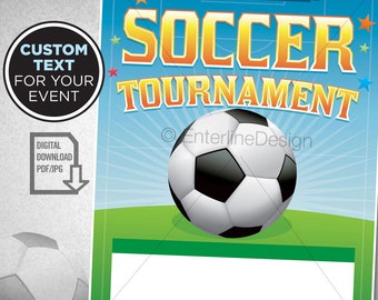 May include: A printable soccer tournament invitation with a soccer ball in the center. The invitation has a blue and white background with a green field at the bottom. The text "You are invited" is at the top of the invitation, and the text "Soccer Tournament" is in large, bold letters below it. The text "EnterlineDesign" is in the lower right corner of the invitation.