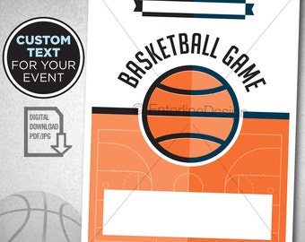 May include: Printable basketball game invitation with an orange basketball court and a black and orange basketball. The text "Basketball Game" is in black letters on a white background. There is a blank space for text.