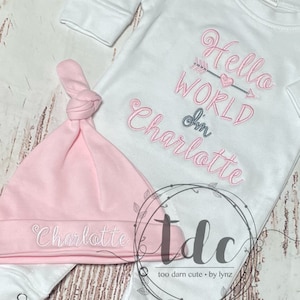 Baby Girl  Coming Home Outfit Baby Girl Clothes Personalized Baby Girl Gift Hello World Outfit Newborn Girl Clothes Newborn Girl Hat