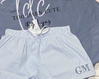 Pajama Lounge Set, Monogrammed Seersucker Lounge Shorts and Comfort Color Sweatshirt Monogrammed