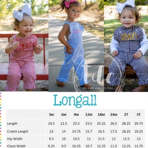 May include: Size chart for baby overalls in sizes 3M to 3T. The chart lists measurements in inches for length, crotch length, hip width, and chest width.