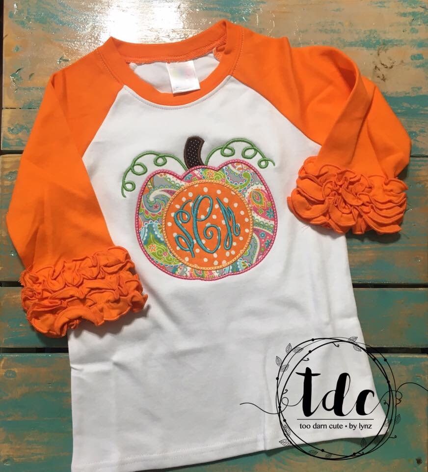 Monogram Applique Pumpkin Ruffle Raglan T-shirt With Ruffle - Etsy