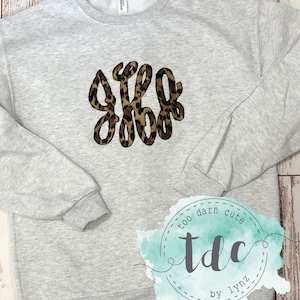Applique Vintage Stitch Monogram Initials Leopard  Machine Embroidery, Unisex Sweatshirt Pullover