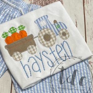 Easter Tractor hauling carrots, baby boy outfit, machine embroidery personalized, seersucker shorts