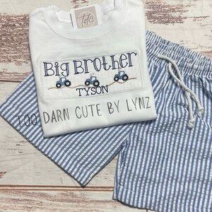 Big Brother, Tractors and Dirt, outfit, machine embroidery, Appliqué, boys love tractors, seersucker shorts