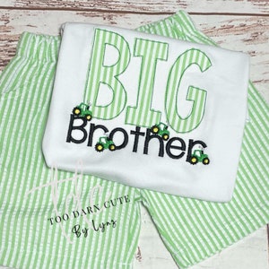 Big Brother outfit, machine embroidery, Appliqué, boys love tractors, seersucker shorts