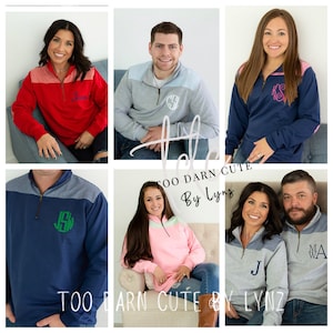 May include: A collage of photos showcasing various color combinations of a quarter-zip pullover sweatshirt with a color-blocked design. The sweatshirts feature a contrasting color panel at the shoulders and a contrasting color zipper. Each sweatshirt has a monogram embroidered on the chest. The text "TOO DARN CUTE By LYNZ" is visible at the bottom of the collage.